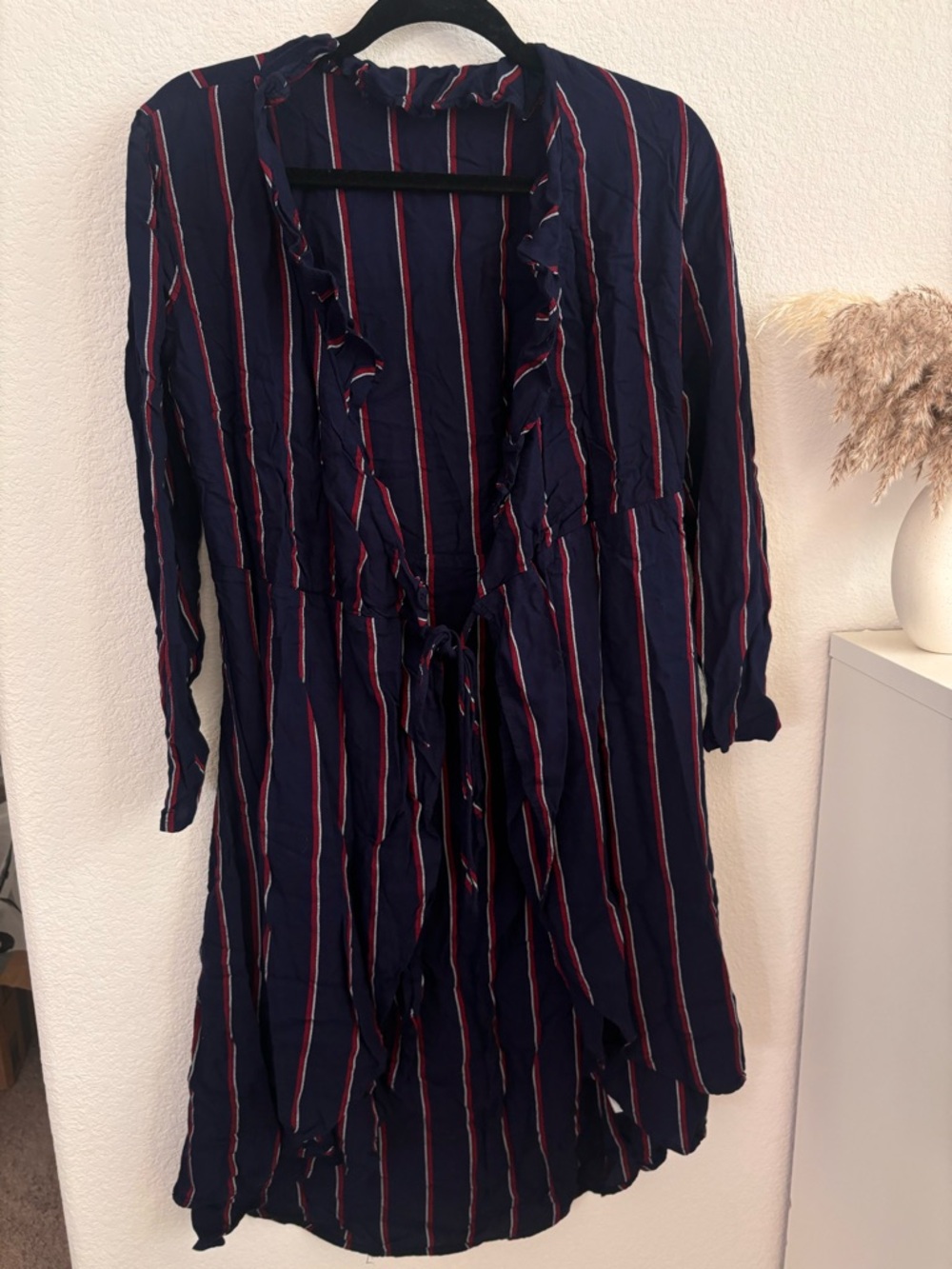Navy Striped Ruffle Tie-Front Cardigan